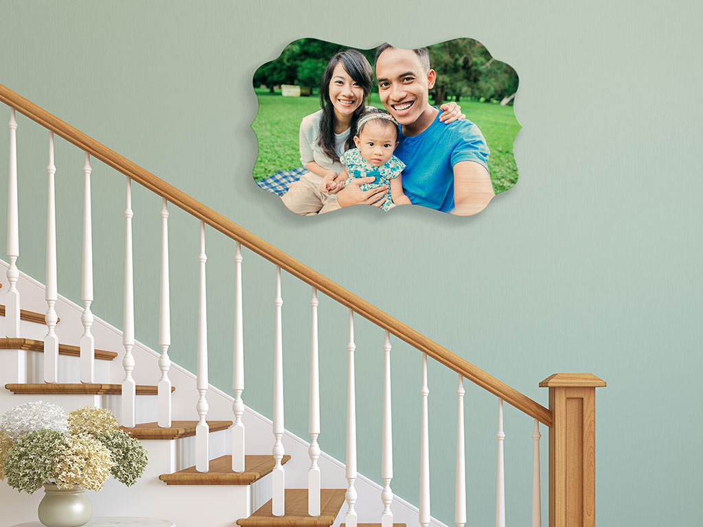 family photo over staircase sublimated on creative border